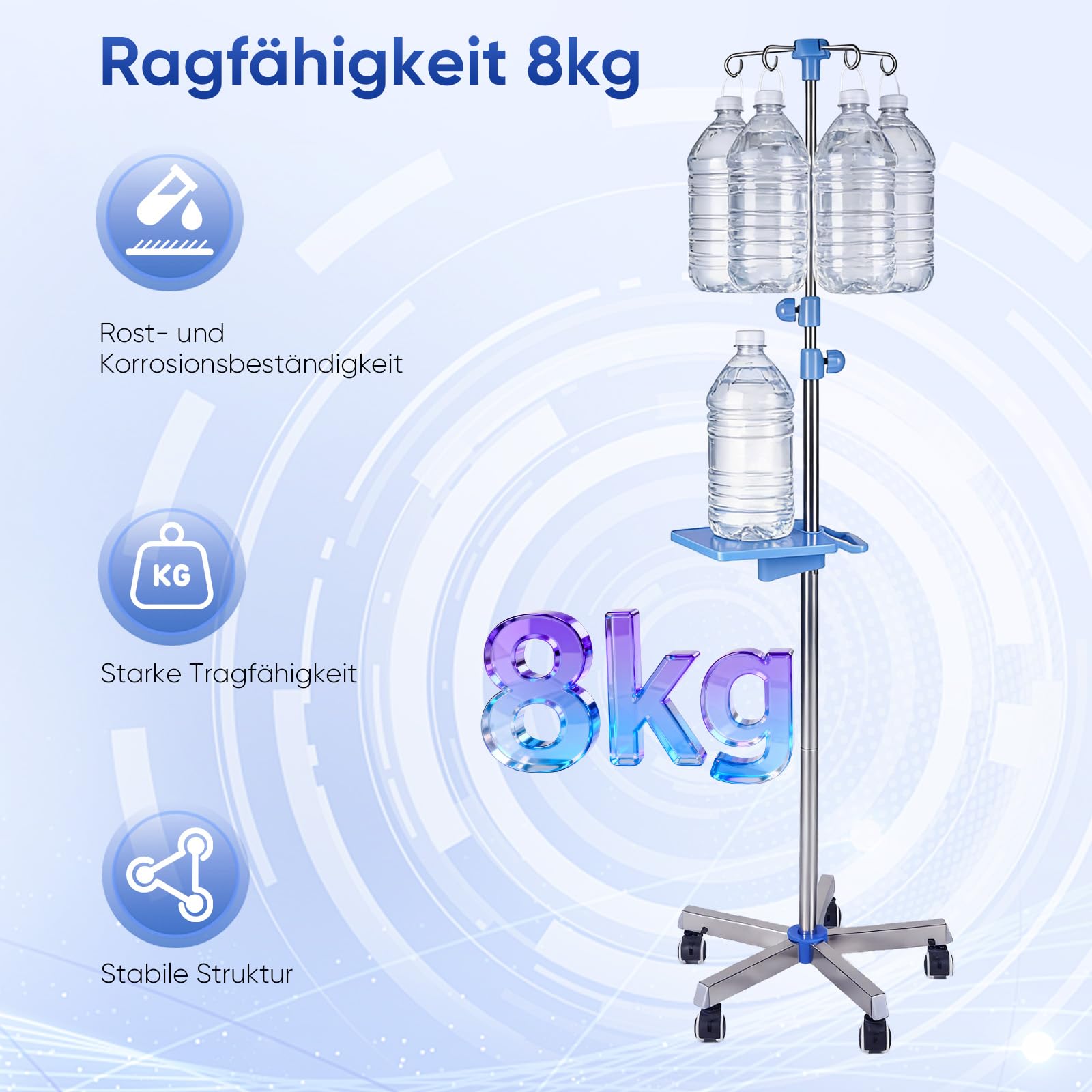 Supporto per infusione regolabile in acciaio inox con ruote, vassoio e 4 ganci, altezza regolabile 1,5-2 m, supporto a 5 gambe, portata 8 kg, per ospedale, clinica e casa
