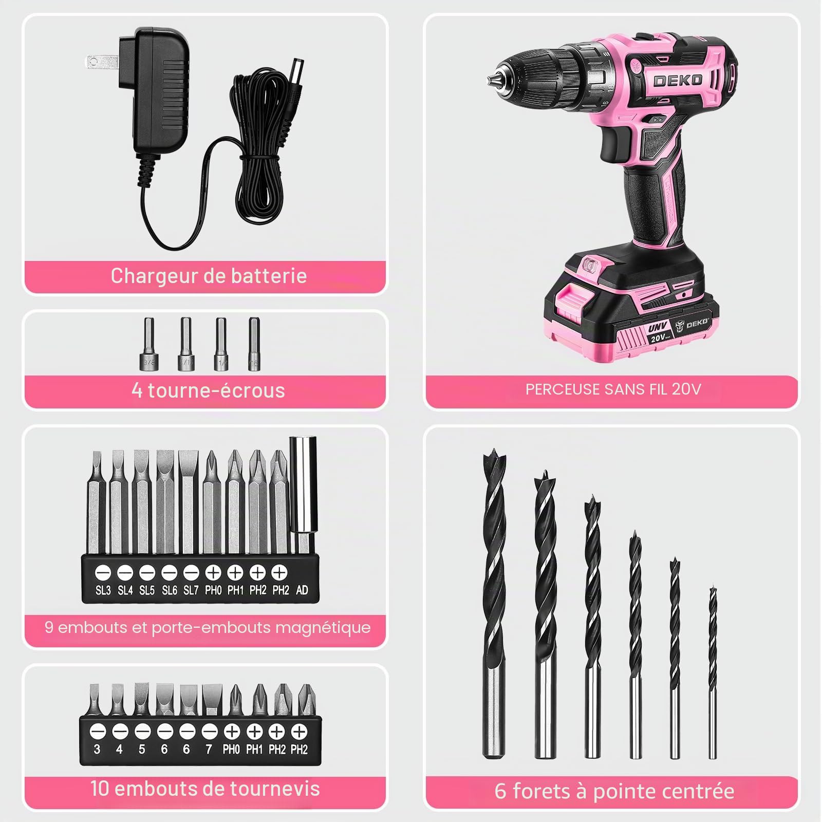 DEKOPRO Perceuse sans fil 20 V pour femmes avec batterie et chargeur, kit perceuse-visseuse