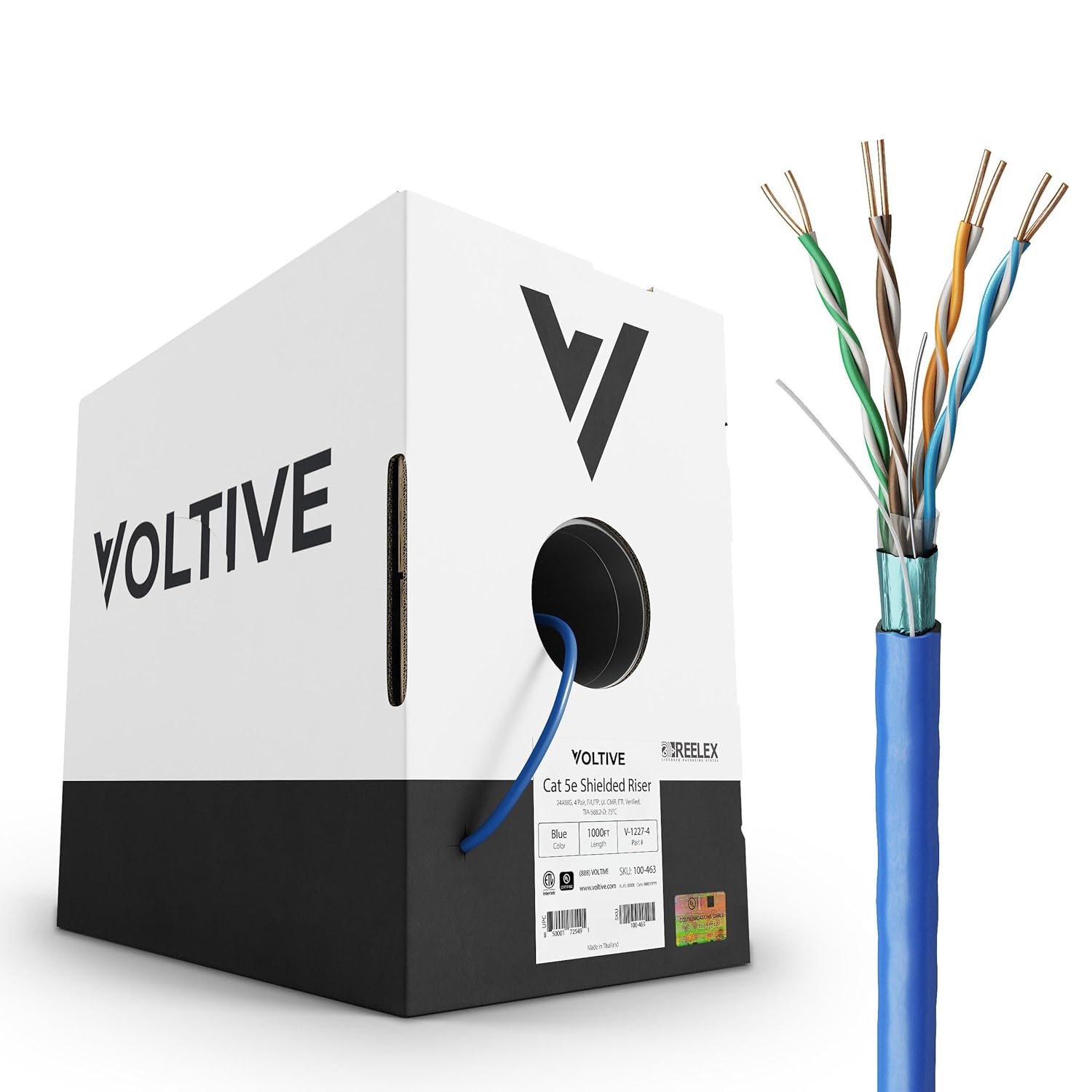 Voltive Cat5e Shielded Ethernet Cable, Riser (CMR), White, 1000ft - 24AWG 4 Pair Solid Bare Copper, FTP, 350MHz, UL Certified & ETL Verified - V-1227-5