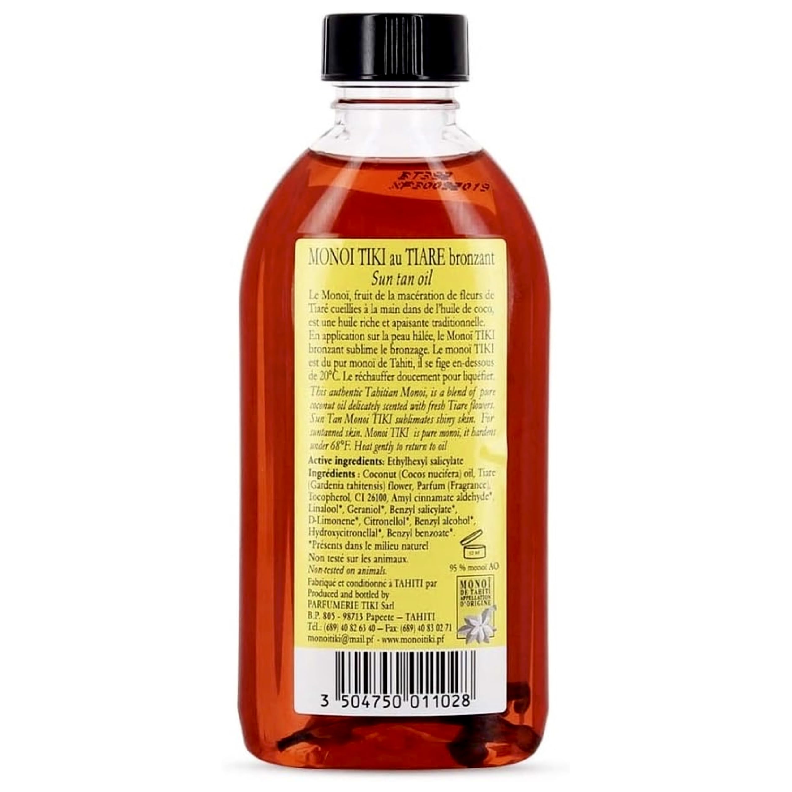 Monoi TIKI Tahiti - Senteur Tiaré - 1x 120 ml - Huile Solaire SPF3 Bronzante Corps Cheveux Hydratante Nourrissante - Parfum Tiaré Avec La Fleur - Fabriqué à Tahiti - Made in France - Depuis 1942