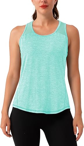 Vista 2 de Aeuui Camisetas de entrenamiento para mujer, sin mangas, con espalda cruzada, de malla, para yoga, atletismo, correr, gimnasio, ropa para mujer