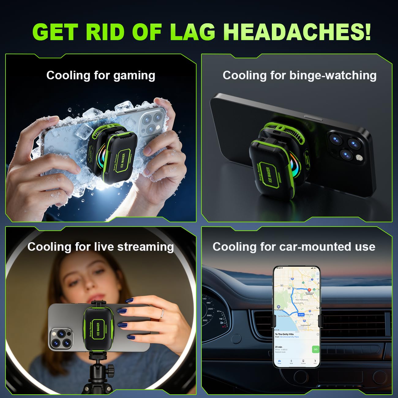 Radiador magnético para Celular, Ventilador portátil con iluminación RGB, Chimenea Celular para iPhone Serie magnética/Android/Tablet/iPad (Verde)