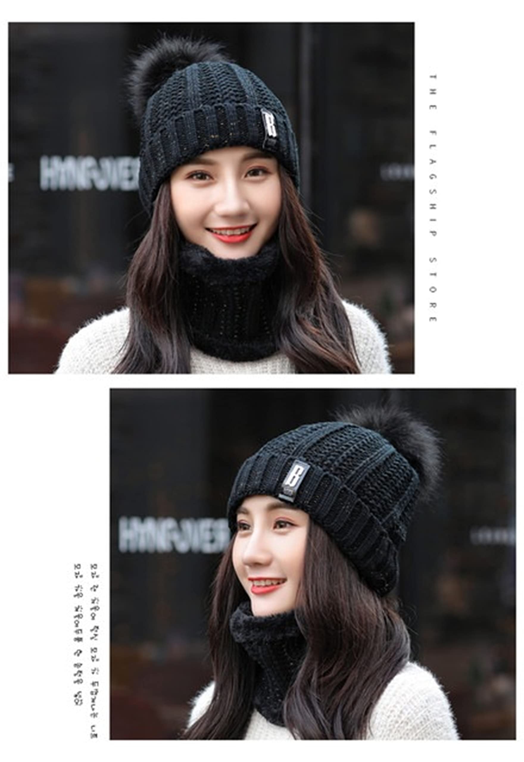 REFFER Latest Stylish Women's Girl's Winter Woolen Warm and Snow Proof Soft Beanie Cap and Scarf Set (Fur Inside) Women Winter caps (Black with Gloves) 3