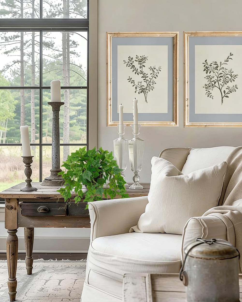 Hollyone Artificial English Ivy Hanging Plants 2pcs Faux Ivy Vines with Black Pot Small Fake Potted Greenery Plant for Indoor Home Aesthetic Living Room Bathroom Desk Shelf Office Decor