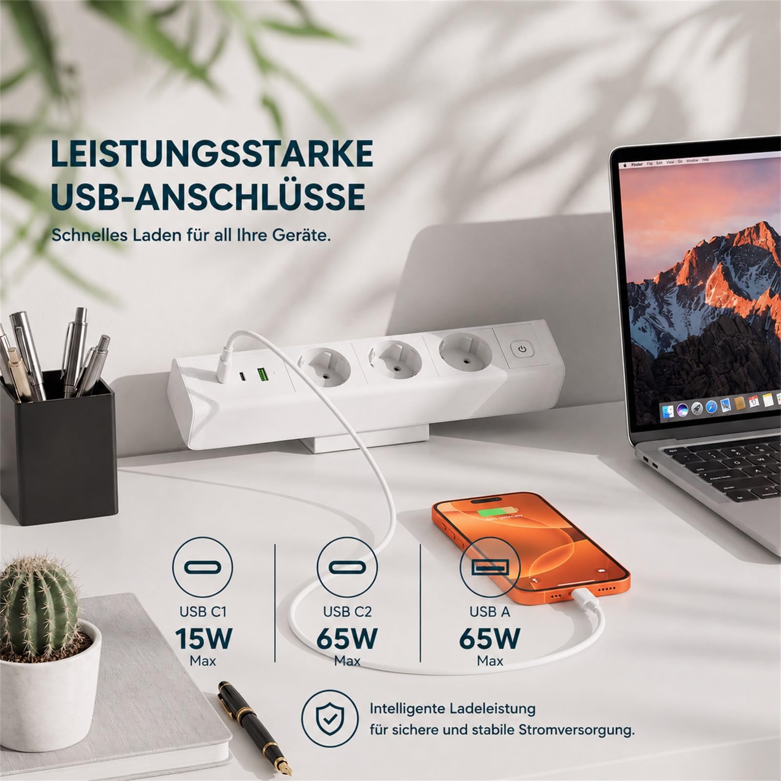 Tischsteckdose mit USB C 65W, Dinolink 3 Fach Steckdosenleiste mit 3 USB