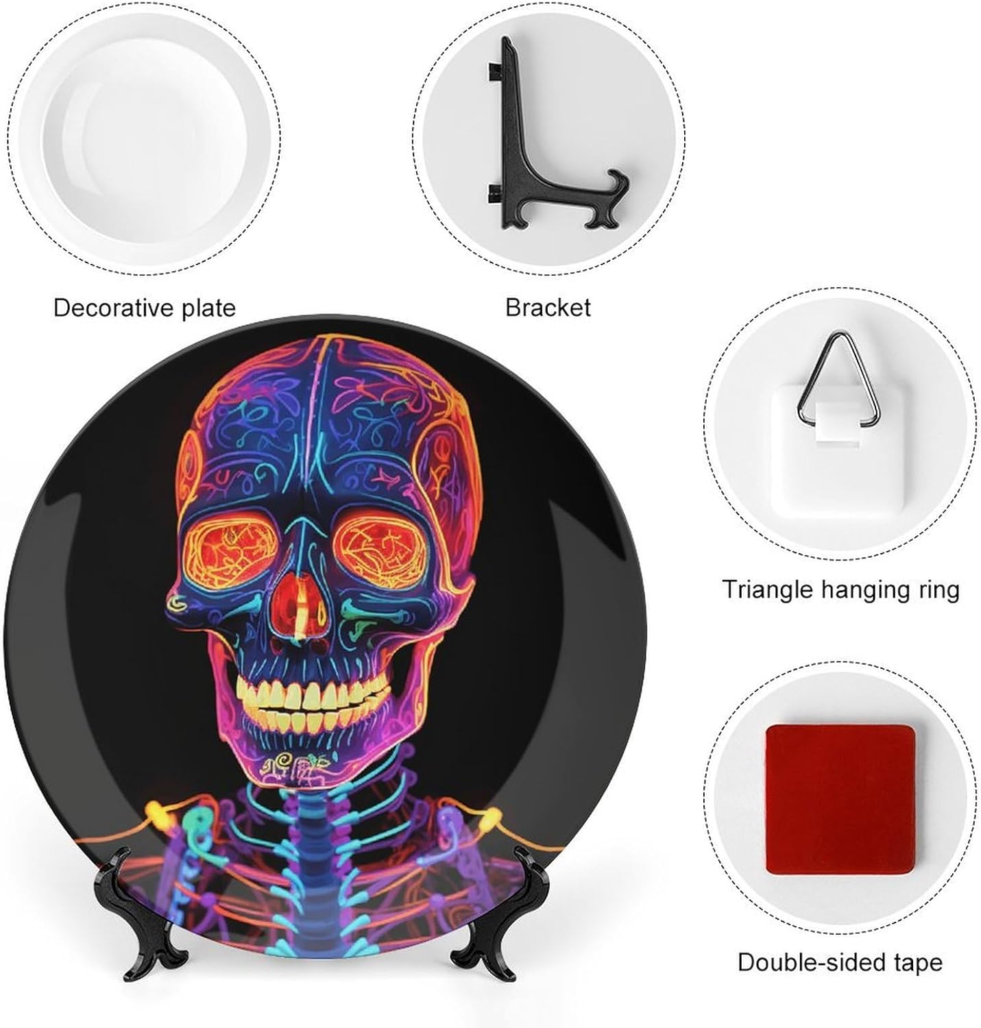 Skull Glowing Ceramic Plate 10inch Decorative Bone China Wall Hanging Ornament Plates Bohemian Style Dinner Plate with Display Stand Cabinet Display Plates for Home Art Decor