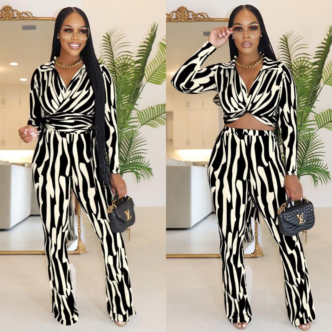 Ophestin Women 2 Piece Outfits V Neck Striped Print Long Sleeve Wrap Top Bodycon Flare Leggings Set Tracksuits Jumpsuit - Image 4