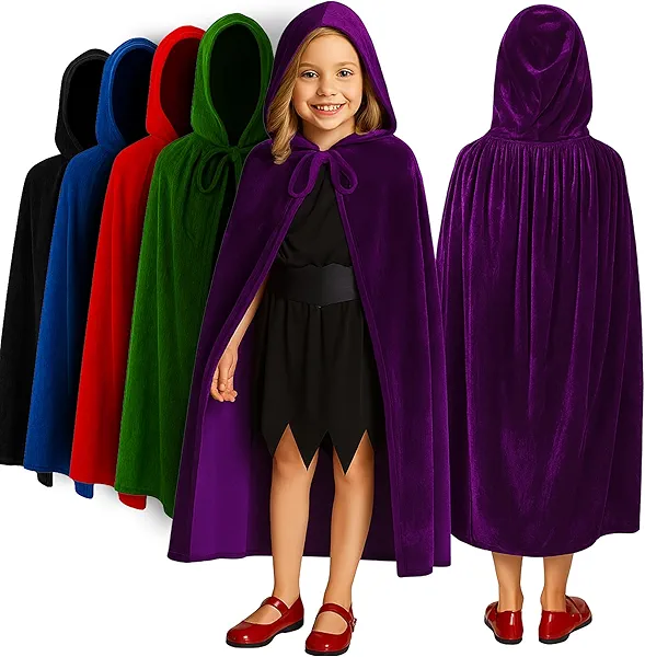 ArtCreativity Velvet Purple Hooded Cloak for Kids, 3ft Long Cloak, Dark Purple Cape with Hood and String Closure, Vampire Cape, Witches for Toddlers - Wizard Robe for Kids