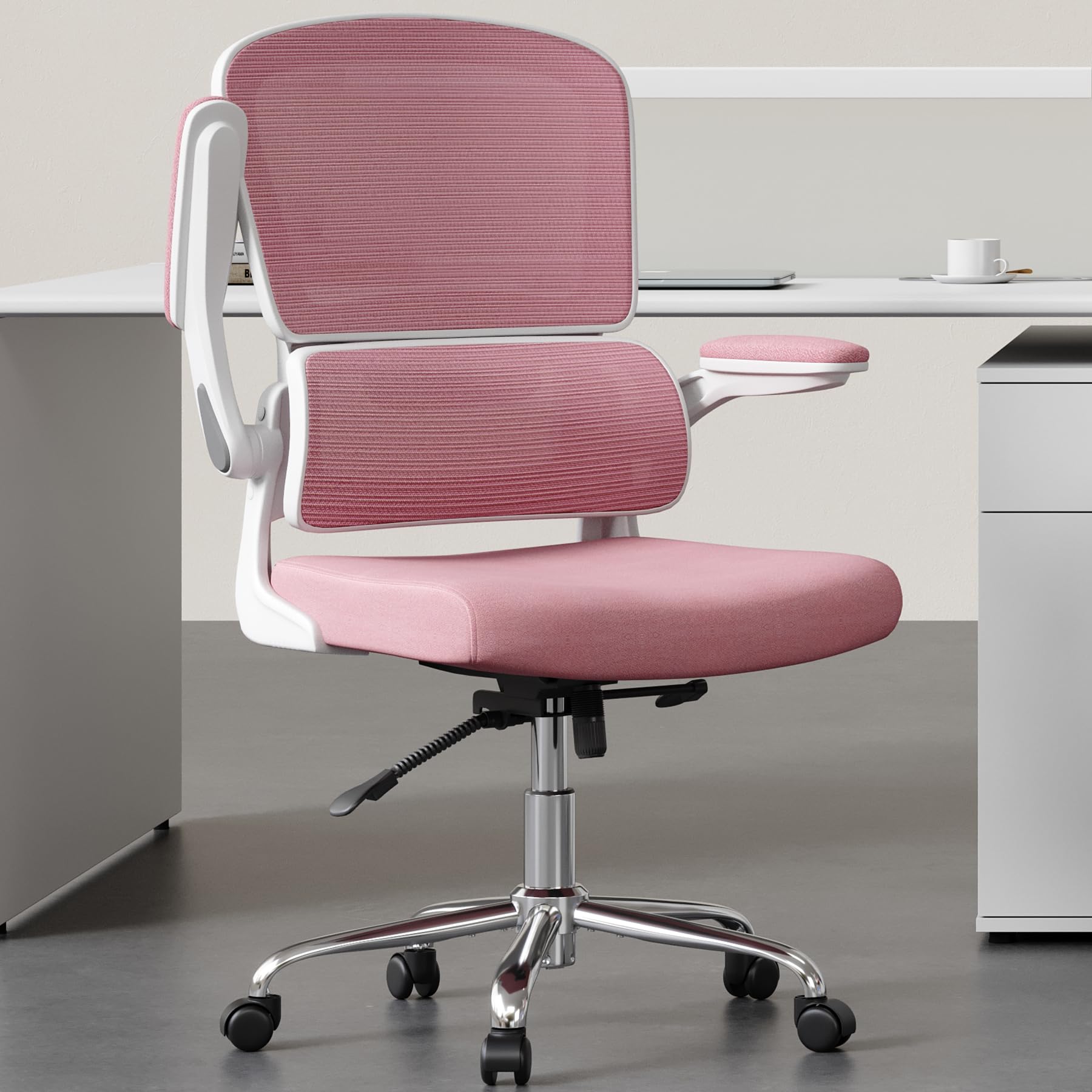 Office Chair, Ergonomic Desk Chair - Thick Cushion Adjustable Height Computer Chair with Lumbar Support and Flip-up Armrests, Pink Home Office Desk