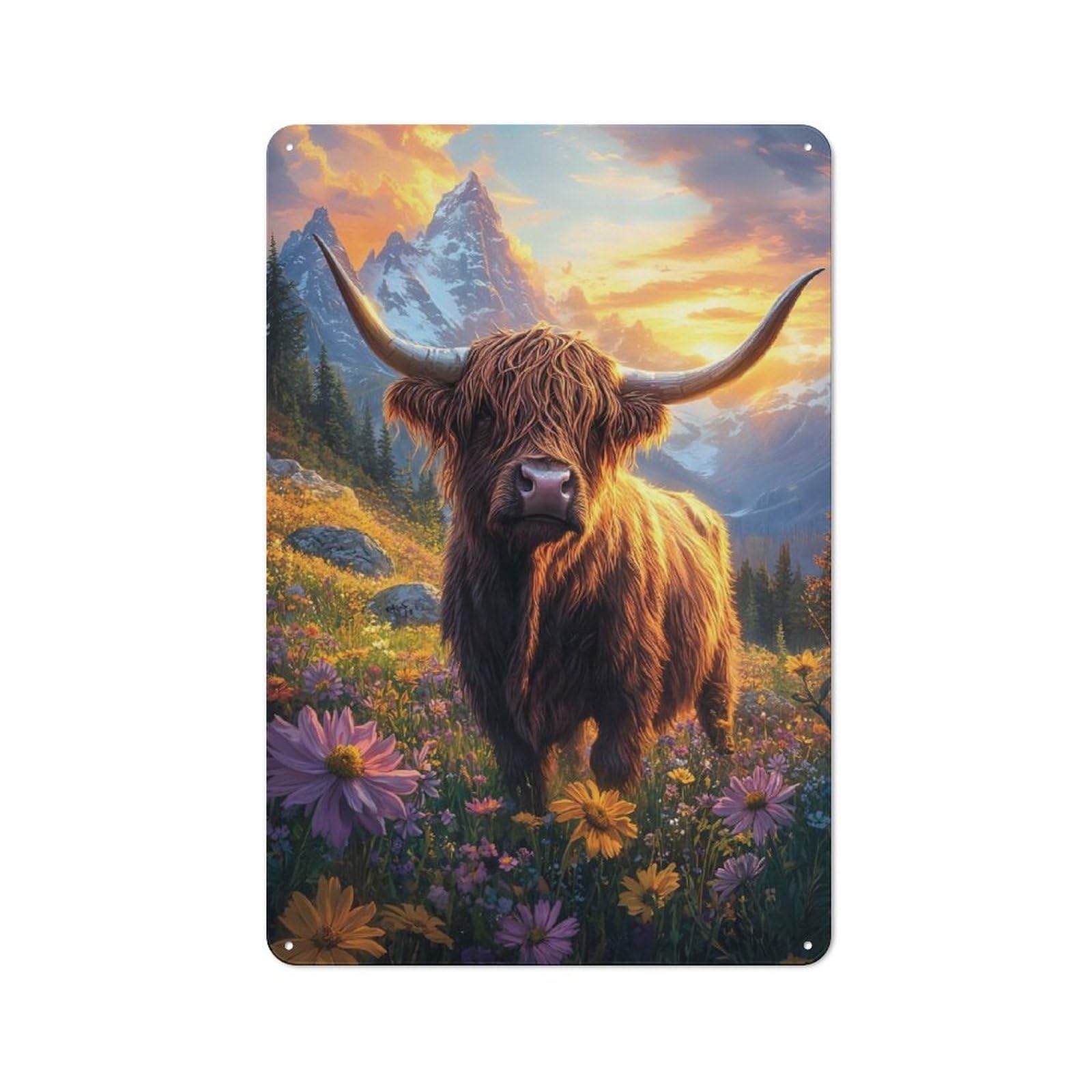 Rustic Highland Cow Sunset Tin Wall Plaque 30x20cm, Rustic Kitchen Decor for Cottage, Kitchen, Hallway Or Breakfast Nook