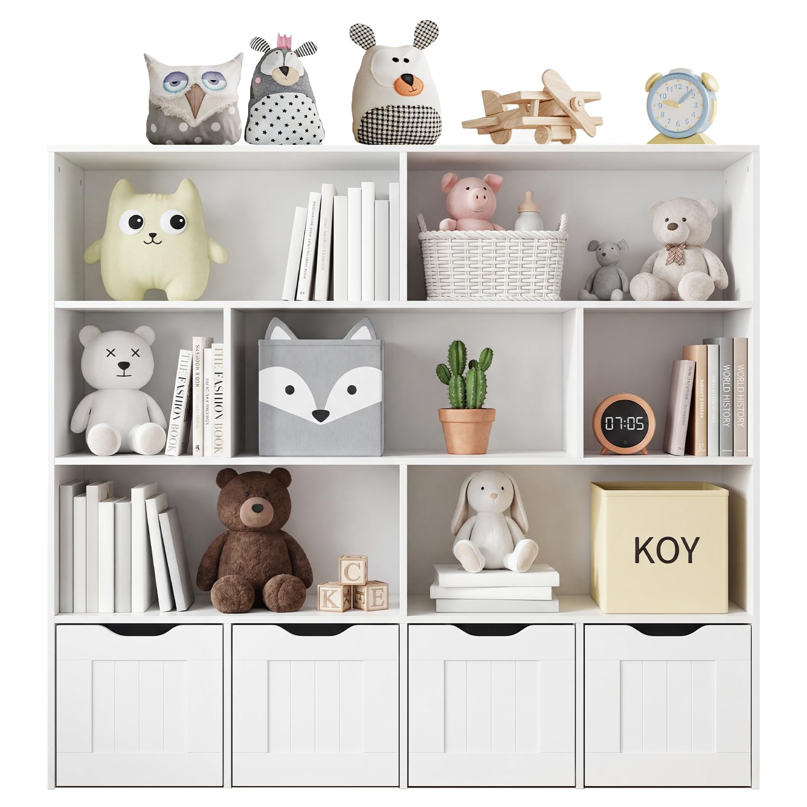 Panana Kids Bookshelf and Toy Storage Organizer,3-Tier 7 Open Shelves,4 Drawers with Wheels,Toy Storage Organise for Kids Room,Nursery,Bedroom,Playroom
