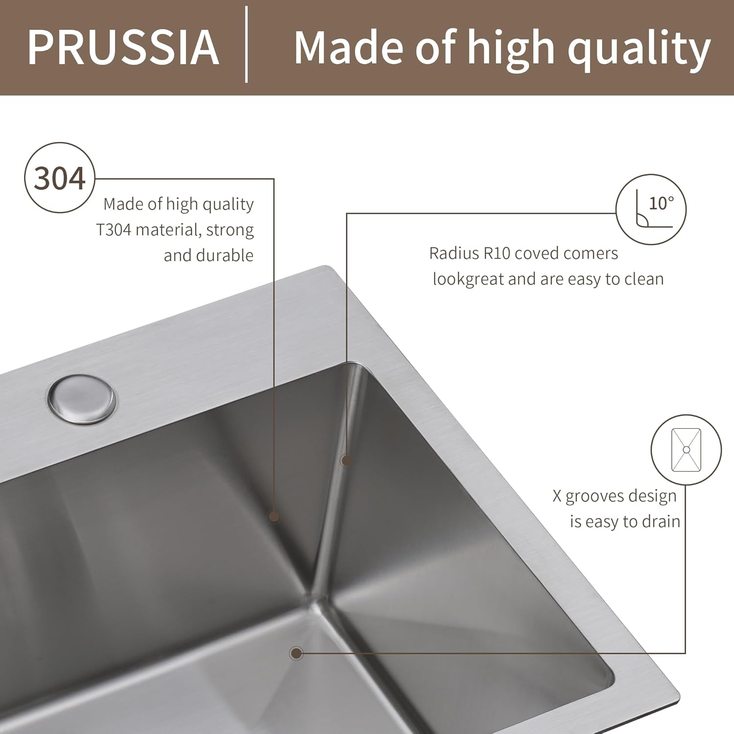 15 Inch Drop In Kitchen Sink - PRUSSIA 15x15 Small Bar Sink 16 Gauge Stainless Steel Single Bowl Topmount Handmade Prep RV Sink