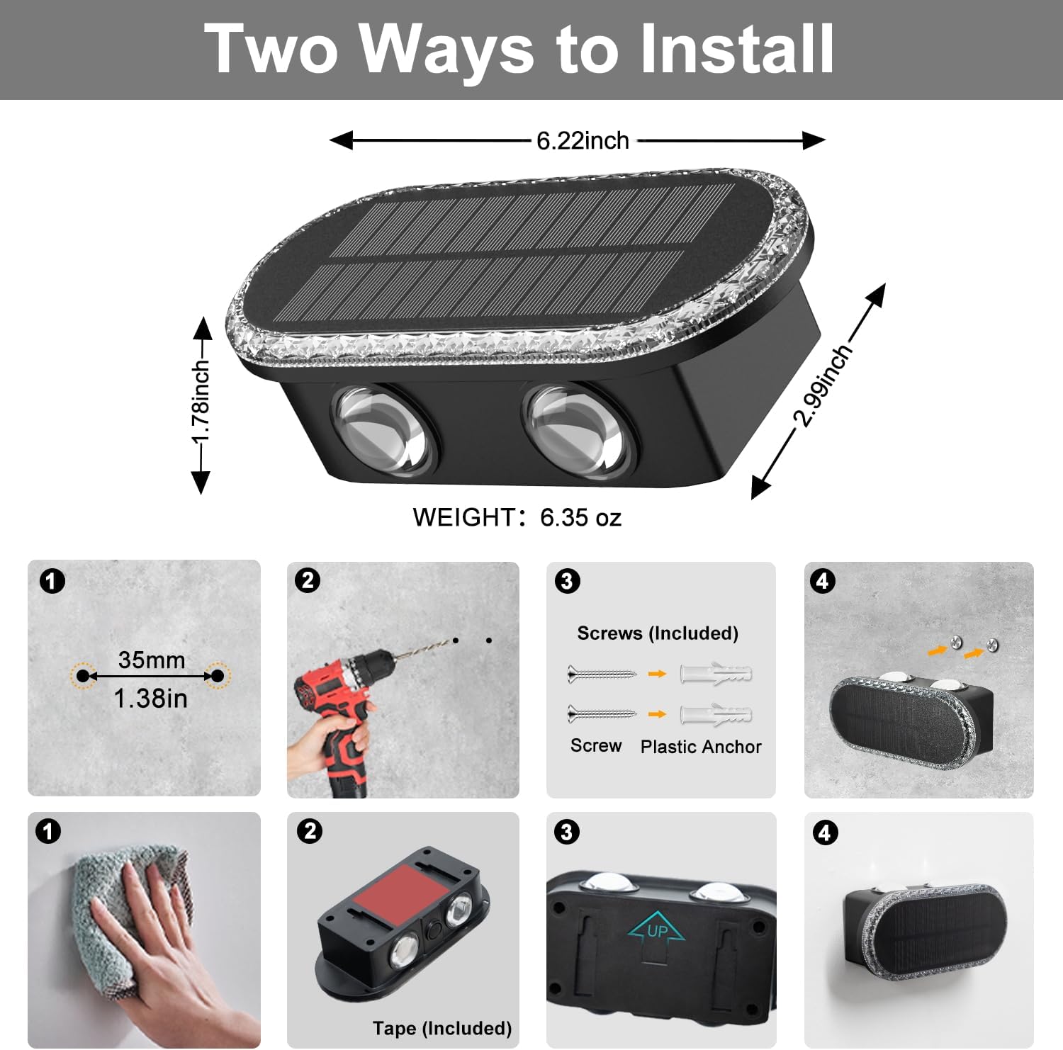 Ellasay Solar Fence Lights Outdoor: Waterproof IP65 with Dual LED Up Down Wall Lighting 3 Color Modes Diamond Crystal Cut Design Easy to Install for Garden Backyard Patio 6 Pack - Image 6