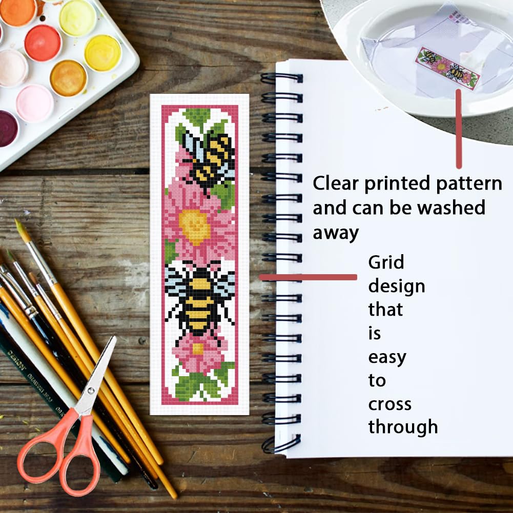 ORIGACH 6 Set Bees Cross Stitch Bookmark Kit for Beginner with Backing Felt Floss Instructions DIY Stamped Embroidery Bookmark Kit for Adults Book Lovers - Image 3