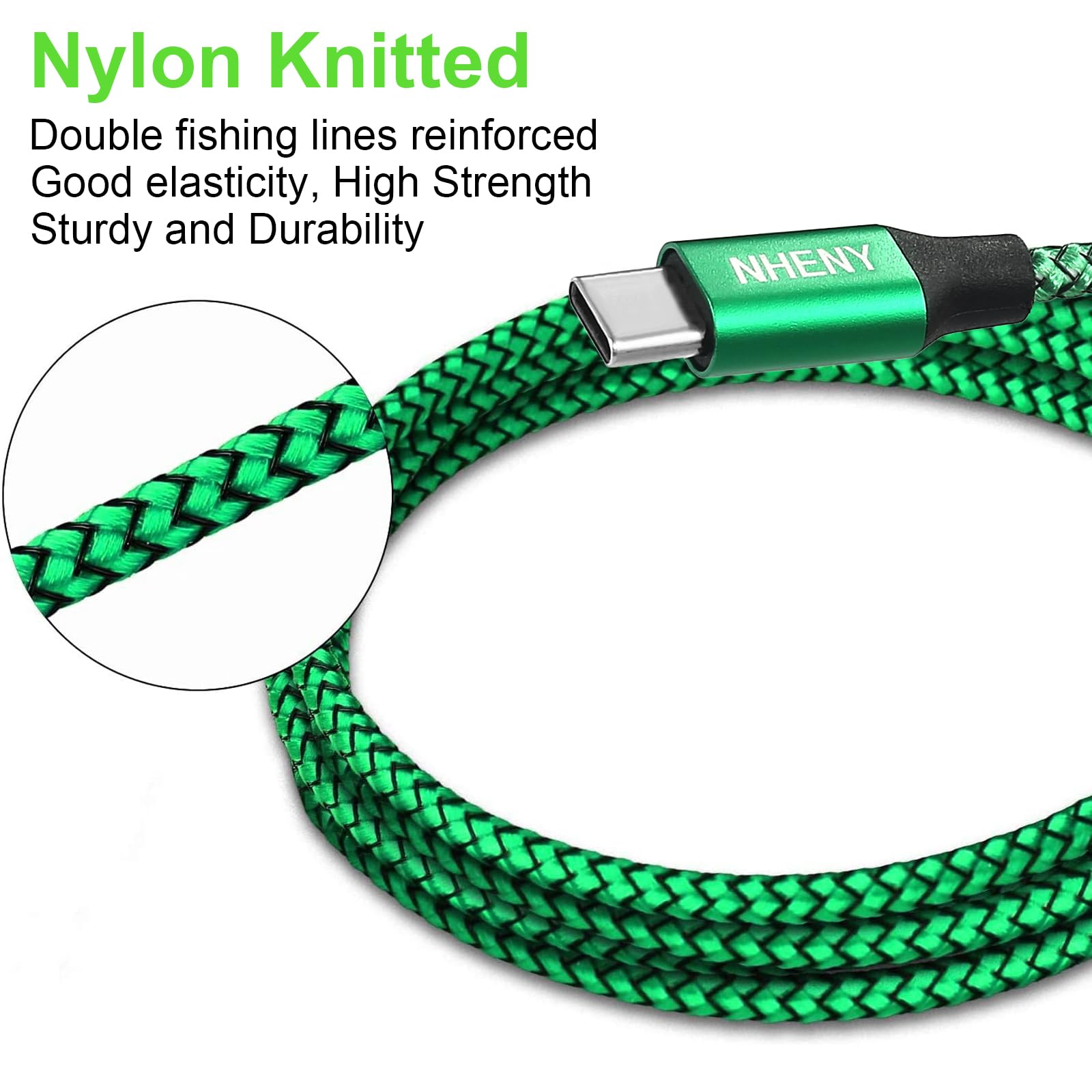 Cavo di ricarica di tipo C verde USB C Premium in nylon lucido intrecciato cavo di ricarica rapida, confezione da 4 pezzi, 3 m, 0,8 x 1,8 m, 0,9 m, per telefono serie 15/16 Plus, Note 10/S10, LG