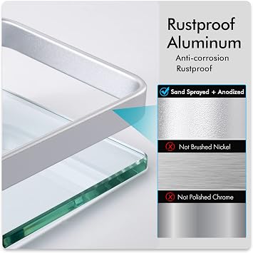 KES Glass Bathroom Shelf Wall Mounted Aluminum Shower Glass Shelf 8MM Extra-Thick Tempered Glass Rectangular Silver, A4126A