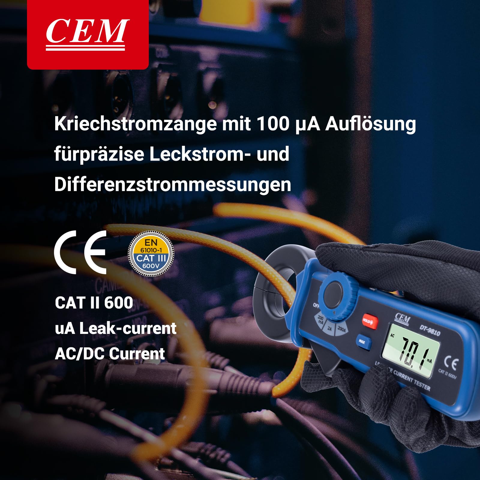 CEM DT-9810 Digitale Stromzange AC-Leckstrom stromzangenmessgerät – Präzisions 100μA Mini-Leckstrom Messgerät Digitales leckstromzange zangenamperemeter mit Data-Hold & automatischer Abschaltung