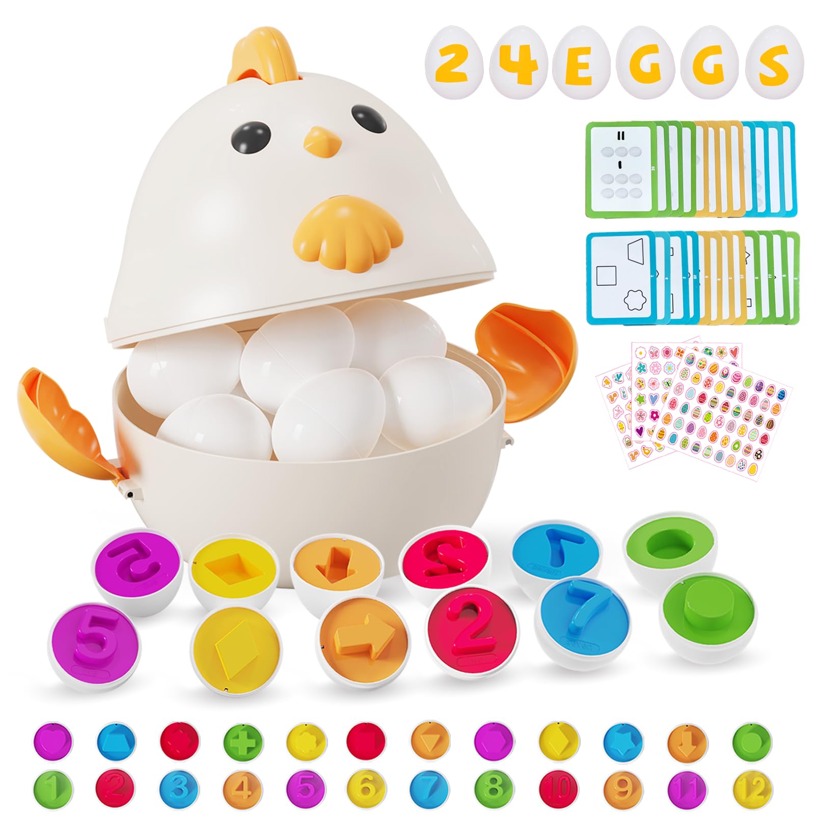 WBKEV Egg Toys for Toddlers, Chicken Toys Matching Egg for Kids Color Recognition & Shape Sorter Puzzle, 24PCS Easter Gifts for Kids Boys 3 4 5 6 Year Old