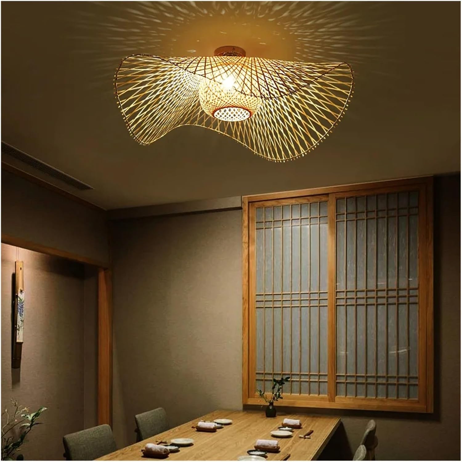 Chinese Led Bamboo Light Light Dining Room Restaurant Light E27 Suspension Lightings(B,Dia-65Cm)/B/Dia-65Cm