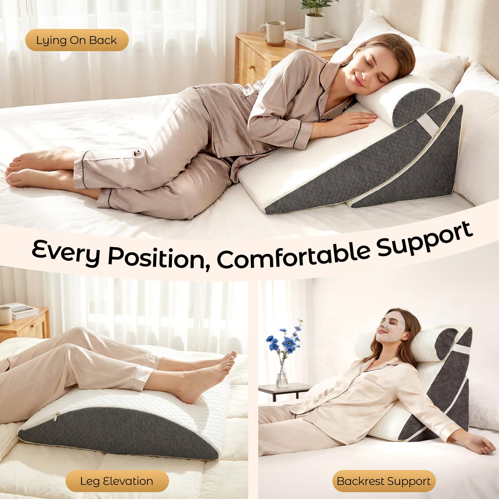 Set di 4 cuscini ortopedici a cuneo, 4 in 1, regolabili, in memory foam, cuscino triangolare regolabile per gambe in caso di apnea notturna e bruciore di stomaco, con rivestimento rimovibile e