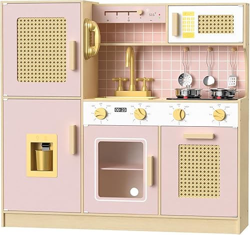 Miniatura 7 de Babytronic Juego de cocina de madera para niños, cocina de juego de simulación rosa con luces y sonidos, cocina de juguete de estilo retro para