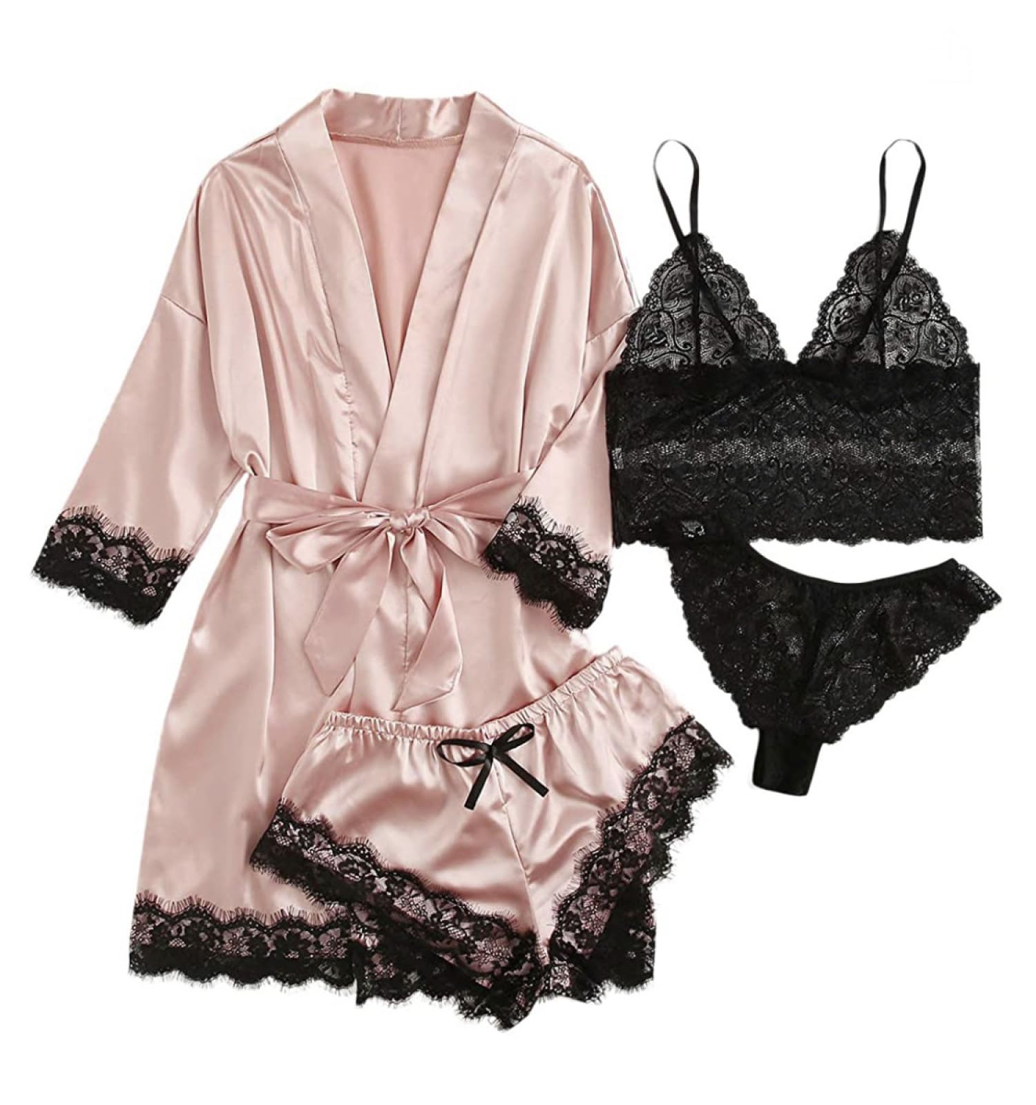 Pijama de Mujer con Tirantes sin Entrepierna, lencería erótica, Bata, camisón Sexy, Conjunto de 4 (Rosa L)