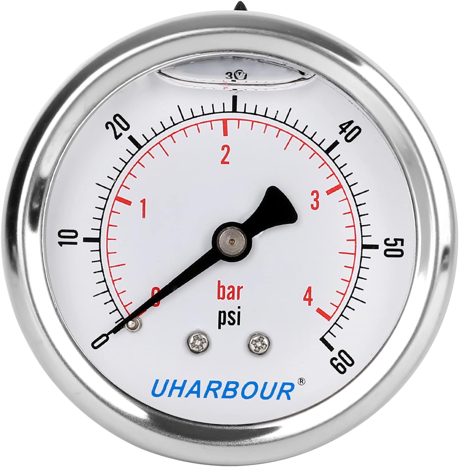 Glycerin Filled Low Pressure Gauge 60psi/4bar, Stainless Steel case, Brass Inside Construction, 2-1/2" dial, 1/4"NPT Back Connectionโฆ