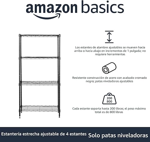 Miniatura 4 de Yaxa Basics Estante de almacenamiento de alambre de acero con 4 estantes, ajustable, resistente, fácil de montar, 13.4 pulgadas de profundidad x
