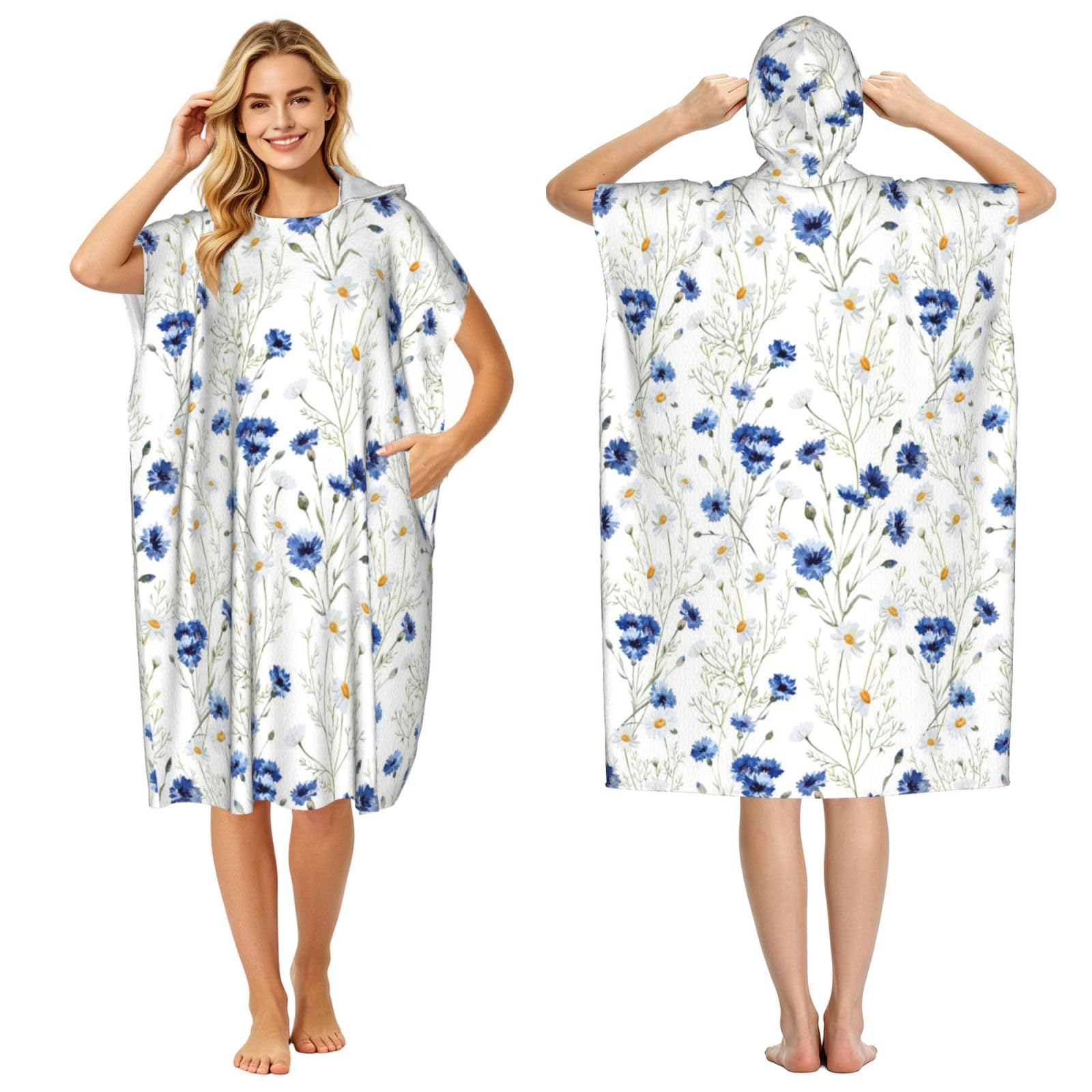 Poadnly Flowers And Cornflowers Daisies, Adult Hooded Beach Towel 90 x 110 cm,Changing Bath Robe, Surf Poncho Towel For Women Men