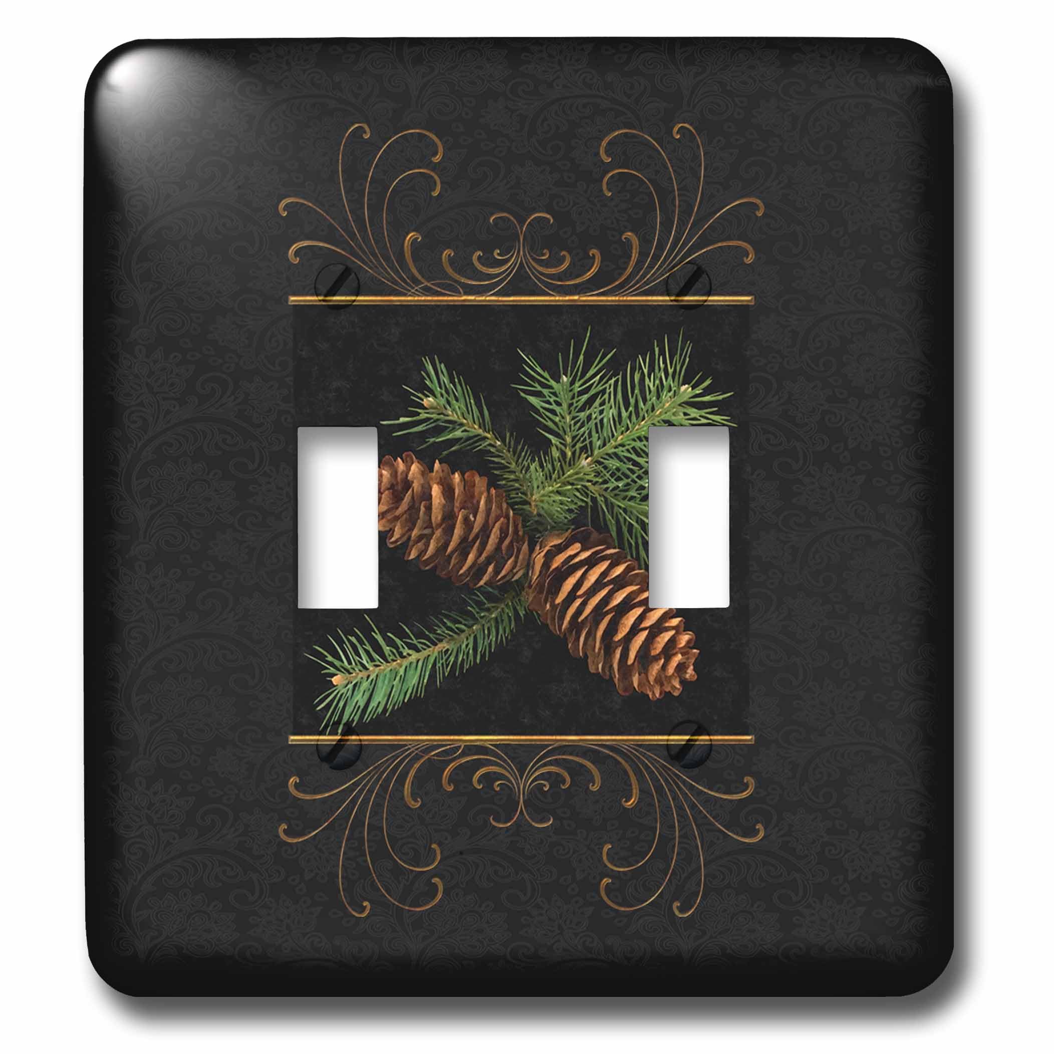 Plaque interrupteur double à motif damassé noir et cône de pin - 3
