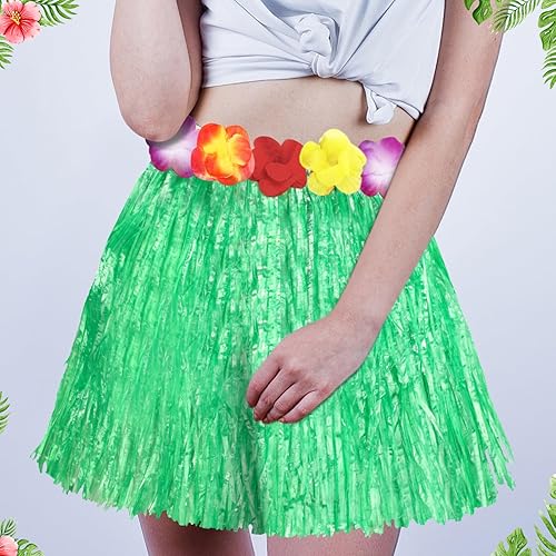 Miniatura 5 de Shappy 12 piezas hawaiano Luau Hibiscus verde seda imitación flores hula hierba hula falda para fiesta de disfraces, cumpleaños, celebración (verde)