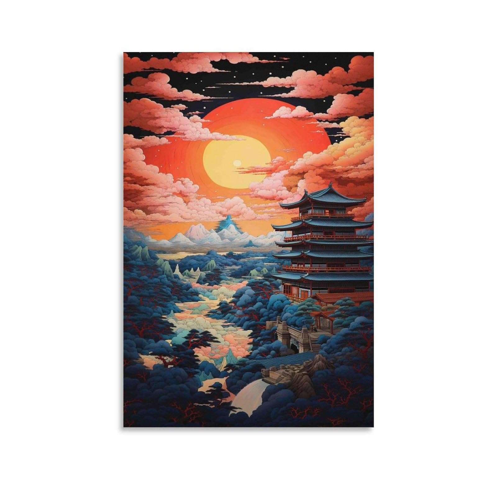 DHBANEIOK Eastern Temple Sunset_1 Poster Artwork Canvas Prints Picture Modern Canvas Wall Art Picture Wall Hanging for Living Room Bedroom Home Decorations 24x36inch(60x90cm)