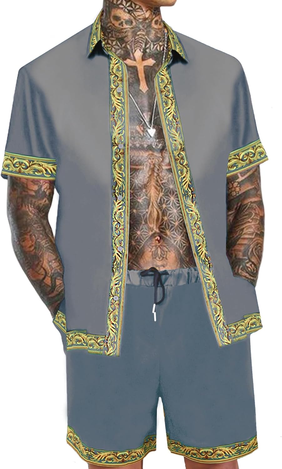 Men's Hawaiian Shirt and Short Set 2 Piece Outfits Luxury Printed Casual Button Down Short Sleeve Satin Shirt Suits