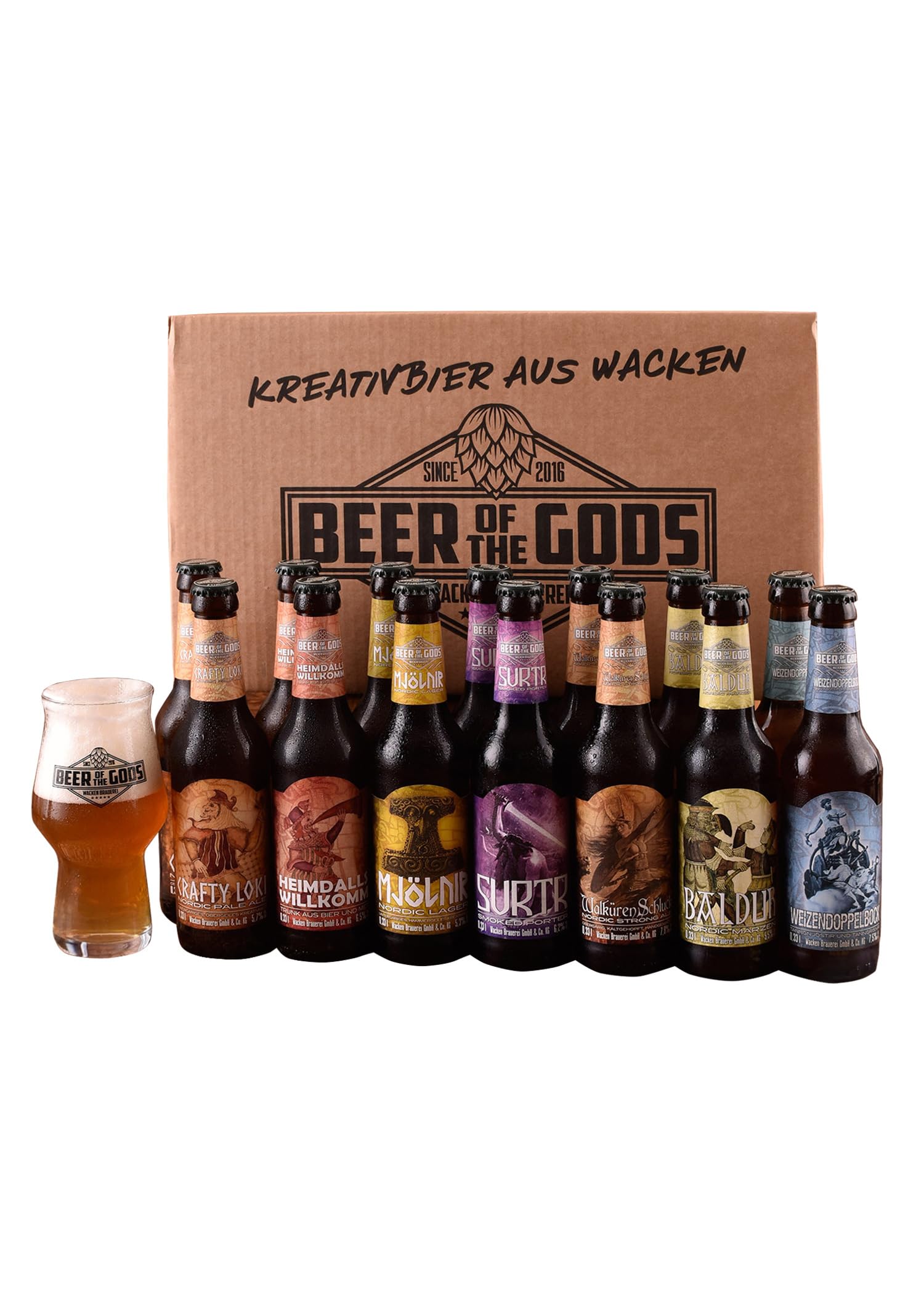 WACKEN BRAUEREI Craft Beer Box 16 x 0,33 l verschiedene Sorten + Bierglas BEER OF THE GODS | GÖTTERGABE | Viking Craftbeer Set Gift for Men | Wikinger Kraft Bier Geschenk für Männer | Party Festival | GÖTTERGABE, Viking Craftbeer Set, Gift for Men, Wiking