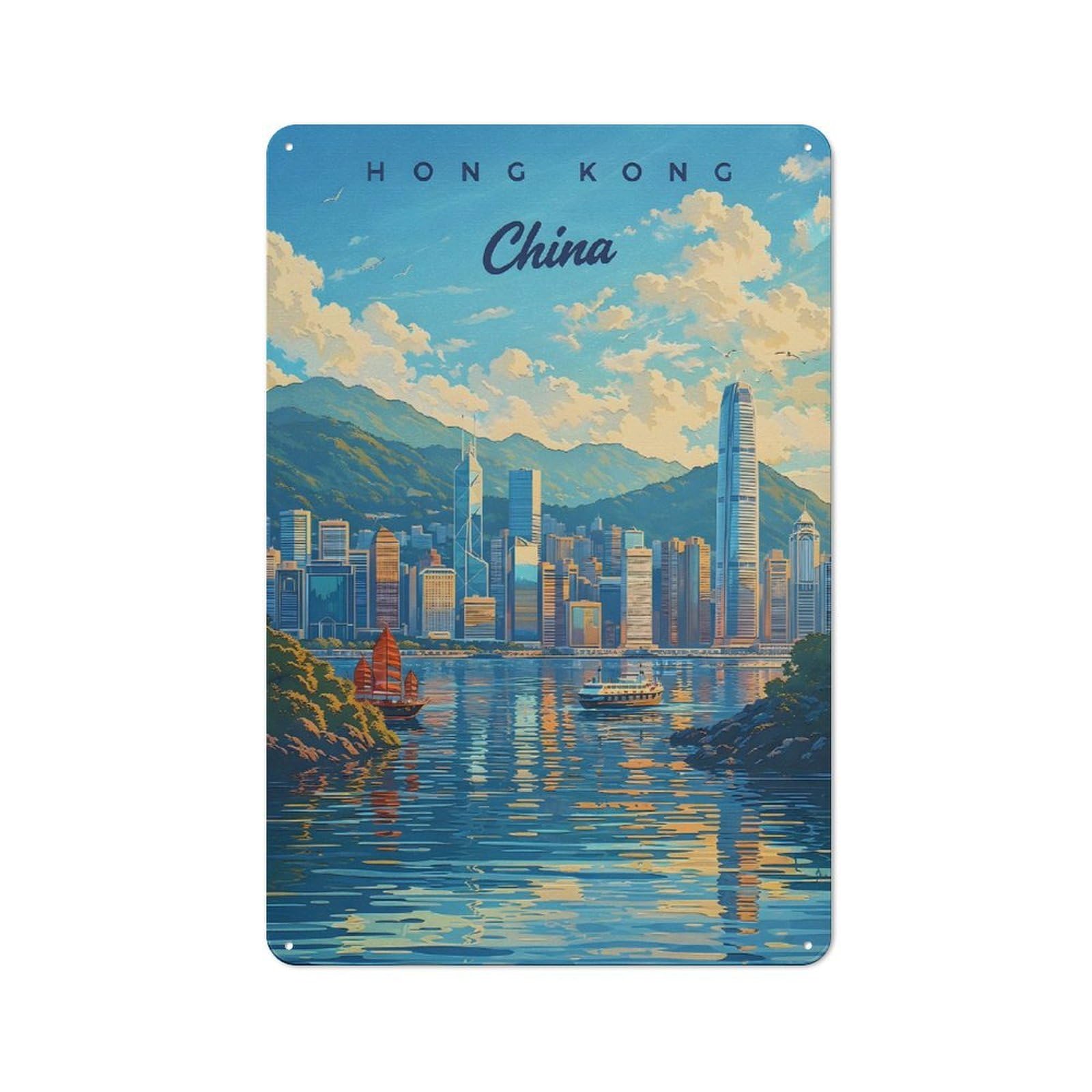Metal Plaque with Hong Kong Skyline Painting Design 30x20cm, Rustic Cafe Wall Decor for Restaurant, Kitchen, Counter Or Breakfast Nook
