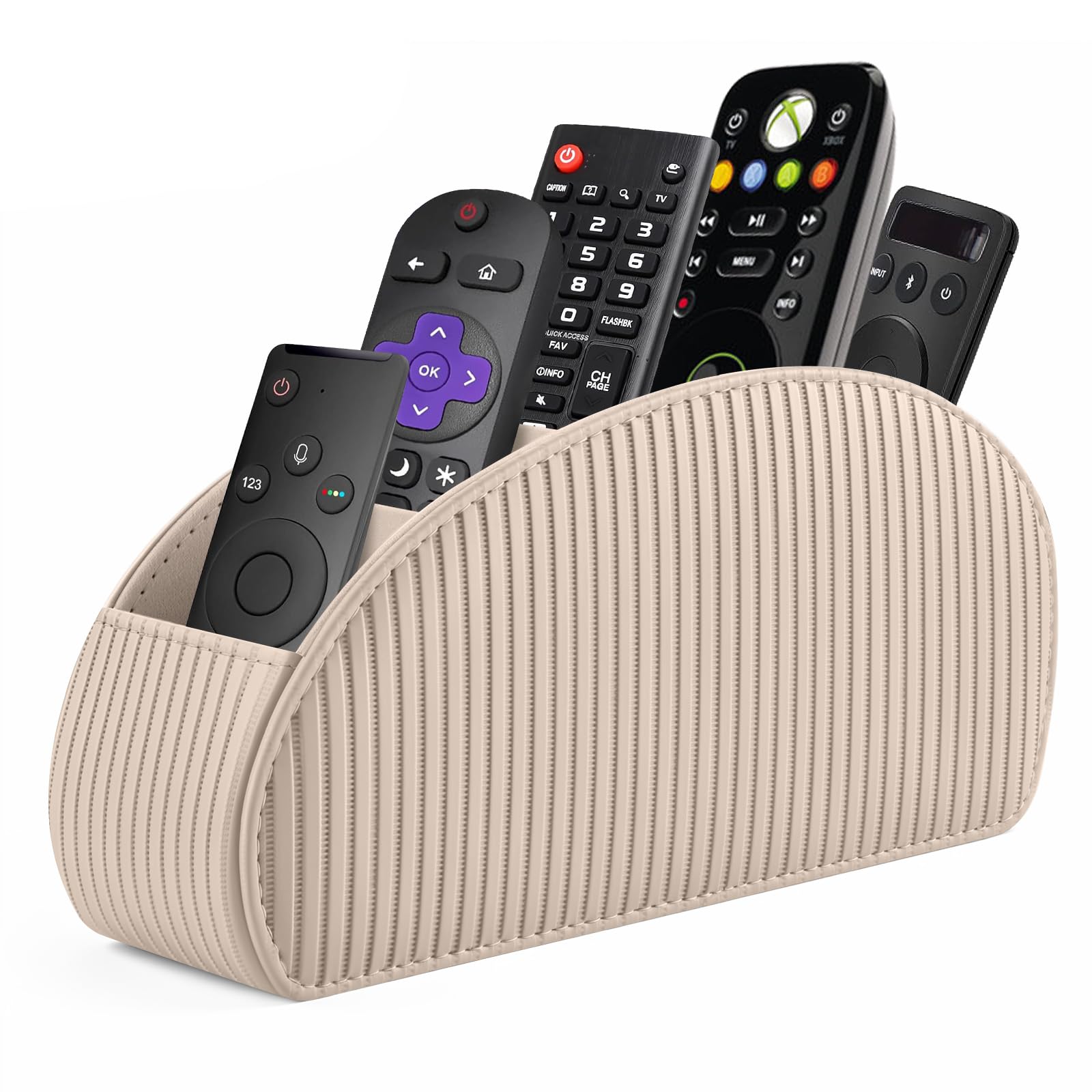 SITHON Remote Control Holder with 5 Compartments | PU Leather Remote Caddy Desktop Organizer Store TV, DVD, Blu-Ray, Media Player, Heater Controllers, Stripe Latte