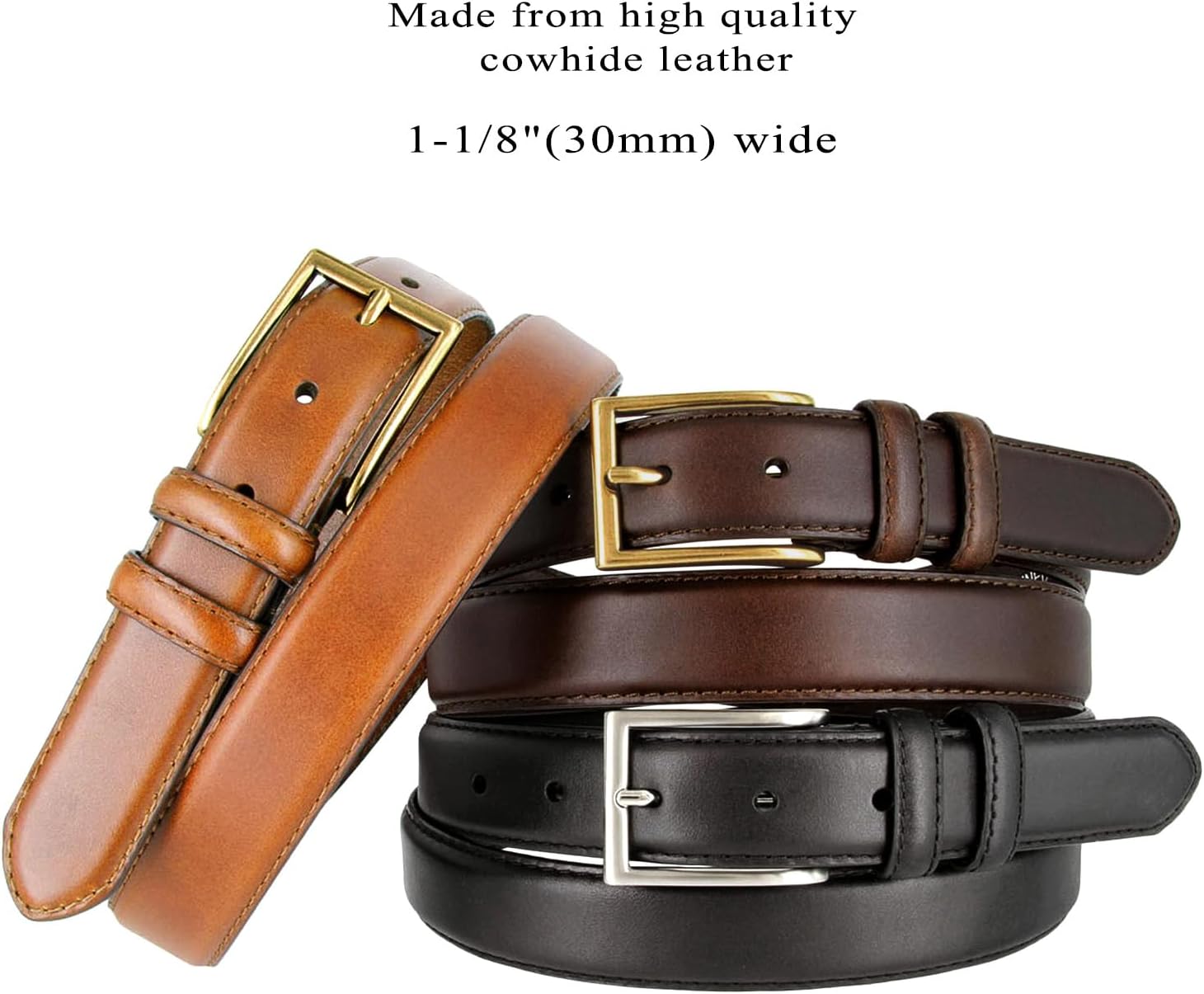 Men's Oil-Tanned Genuine Leather Dress Classic Belt 1-1/8"(30mm) or 1-3/8"(35mm) Wide One Piece Dress Belt - Image 2