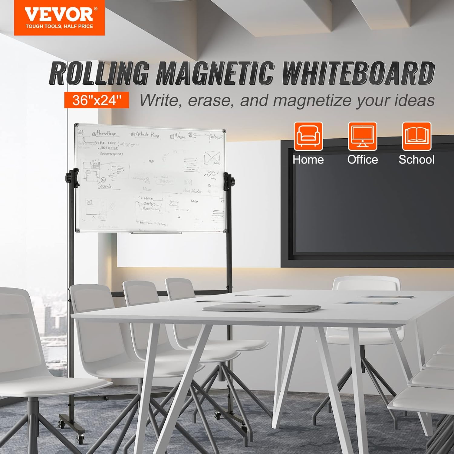 vevor rolling magnetic whiteboard, double-sided mobile whiteboard 36x24 inches, 360° reversible adjustable height dry erase board with wheels & movable tray for office, school rolling whiteboard 36 x 24 inches white