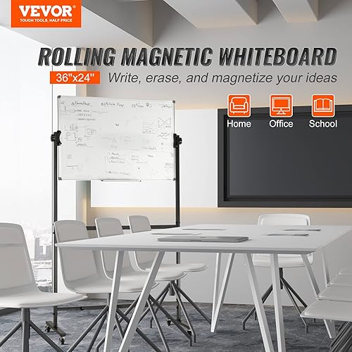 Miniatura 2 de VEVOR Pizarra blanca magnética rodante, pizarra blanca móvil de doble cara de 36 x 24 pulgadas, pizarra de borrado en seco reversible de 360 de