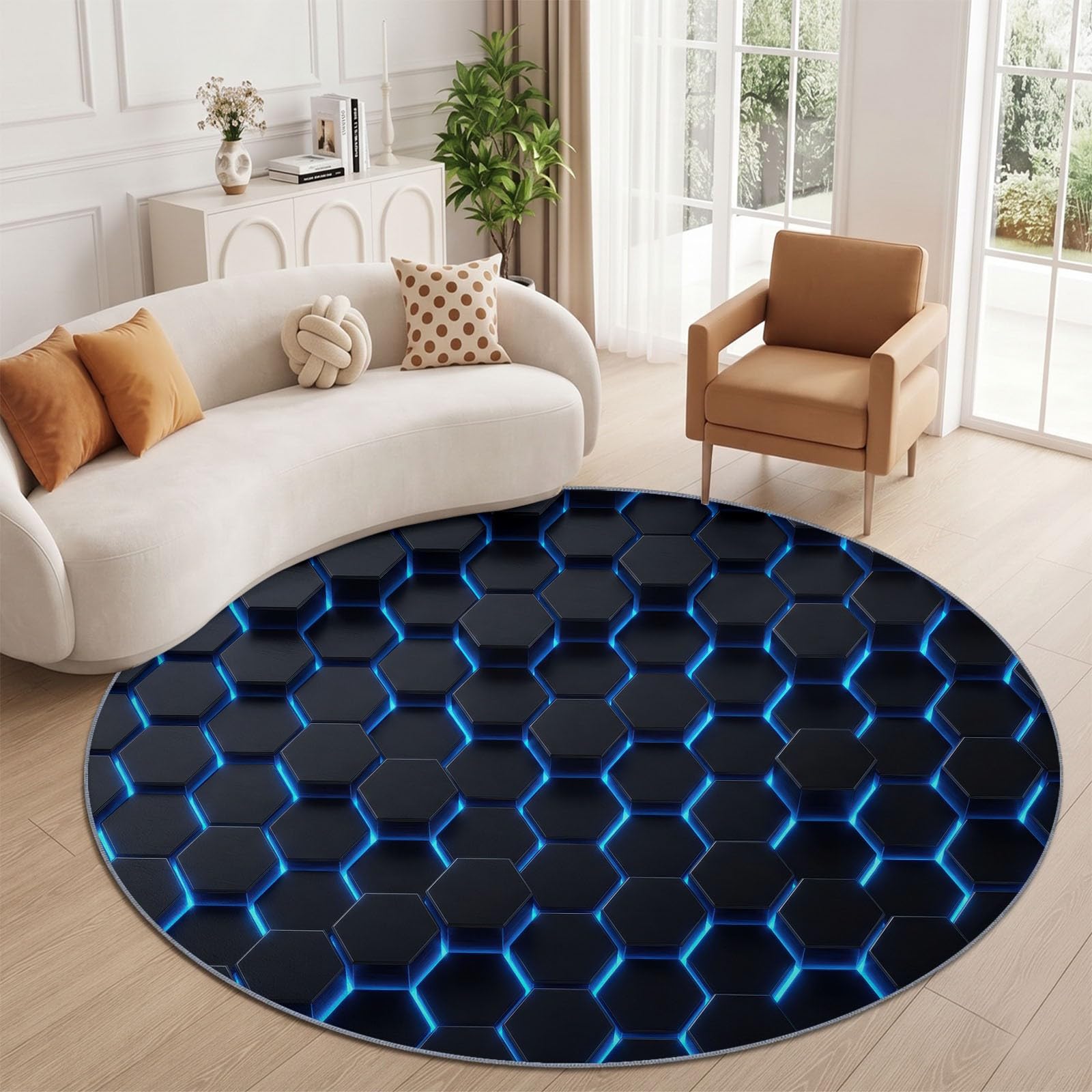 Generisch Kunst Teppich Rund 245 cm, Waschbare Teppiche, Moderne 3D-Metallische Hexagone Runder Teppiche, rutschfest Carpet, Bedruckter Teppich Schlafsaal, Schwarz Blau