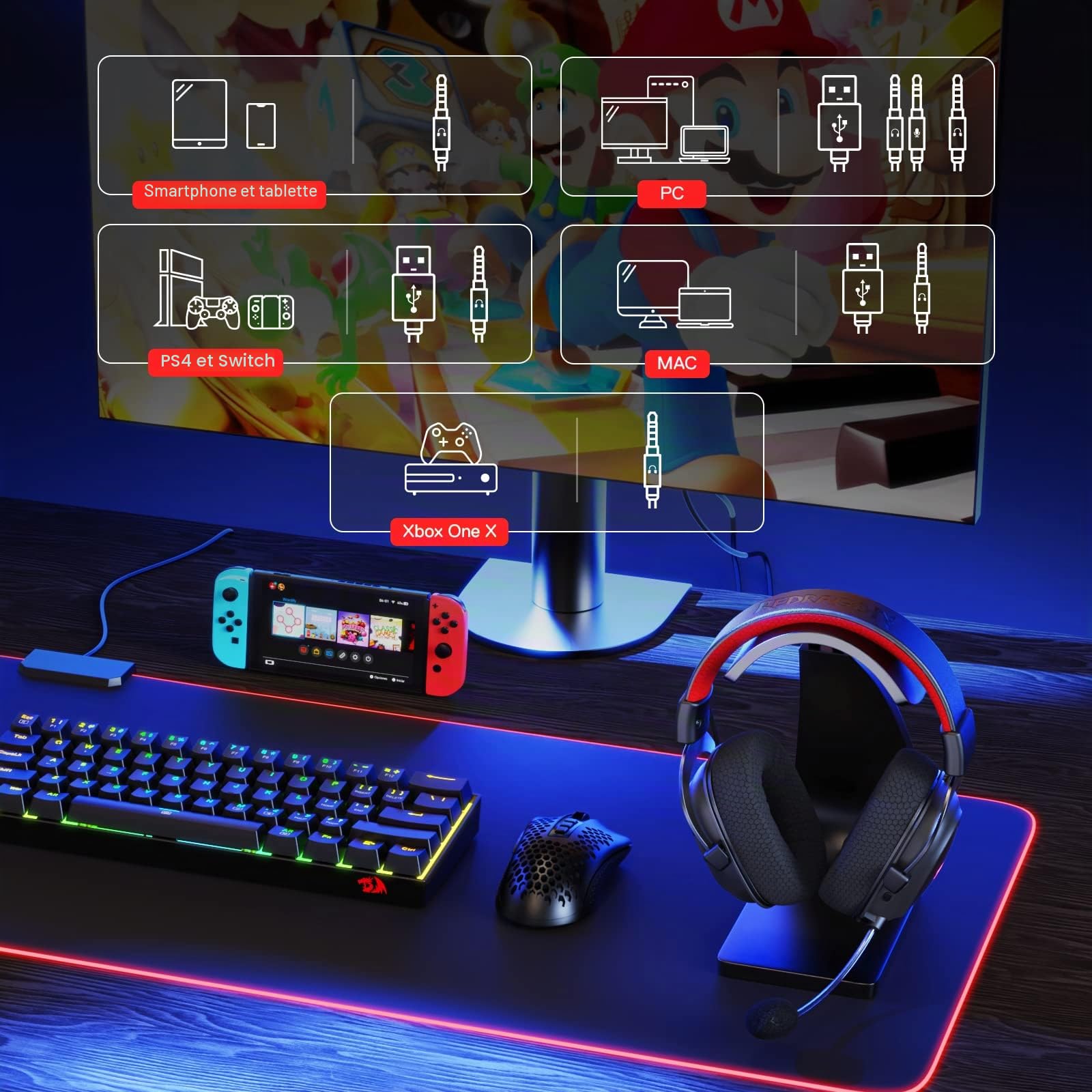 Redragon H510 Zeus X Casque Gamer sans Fil RVB 71 53mm USB Multi Plateforme | Casque gamer sans fil son 71 pilotes 53mm coussinets mousse memoire RVB alimente par USB multi plateforme