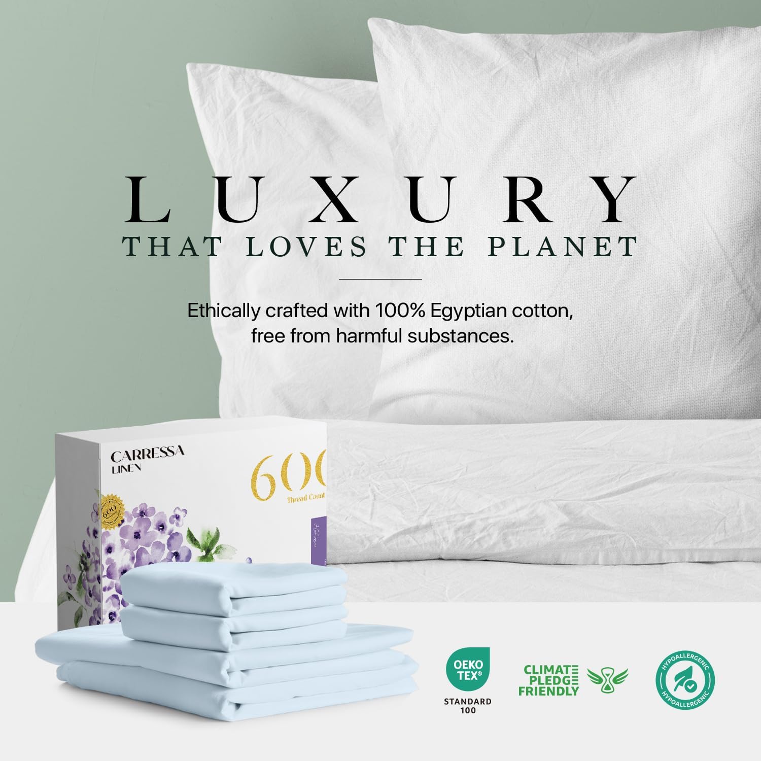 Carressa Linen Luxury Egyptian Cotton 4 PC Queen Size Sheet Set - 600 Thread Count Deep Pocket Fitted and Flat Sheets, Soft, Cooling Extra Long Staple Hotel Bedding with Sateen Weave, Sky Blue - Image 8