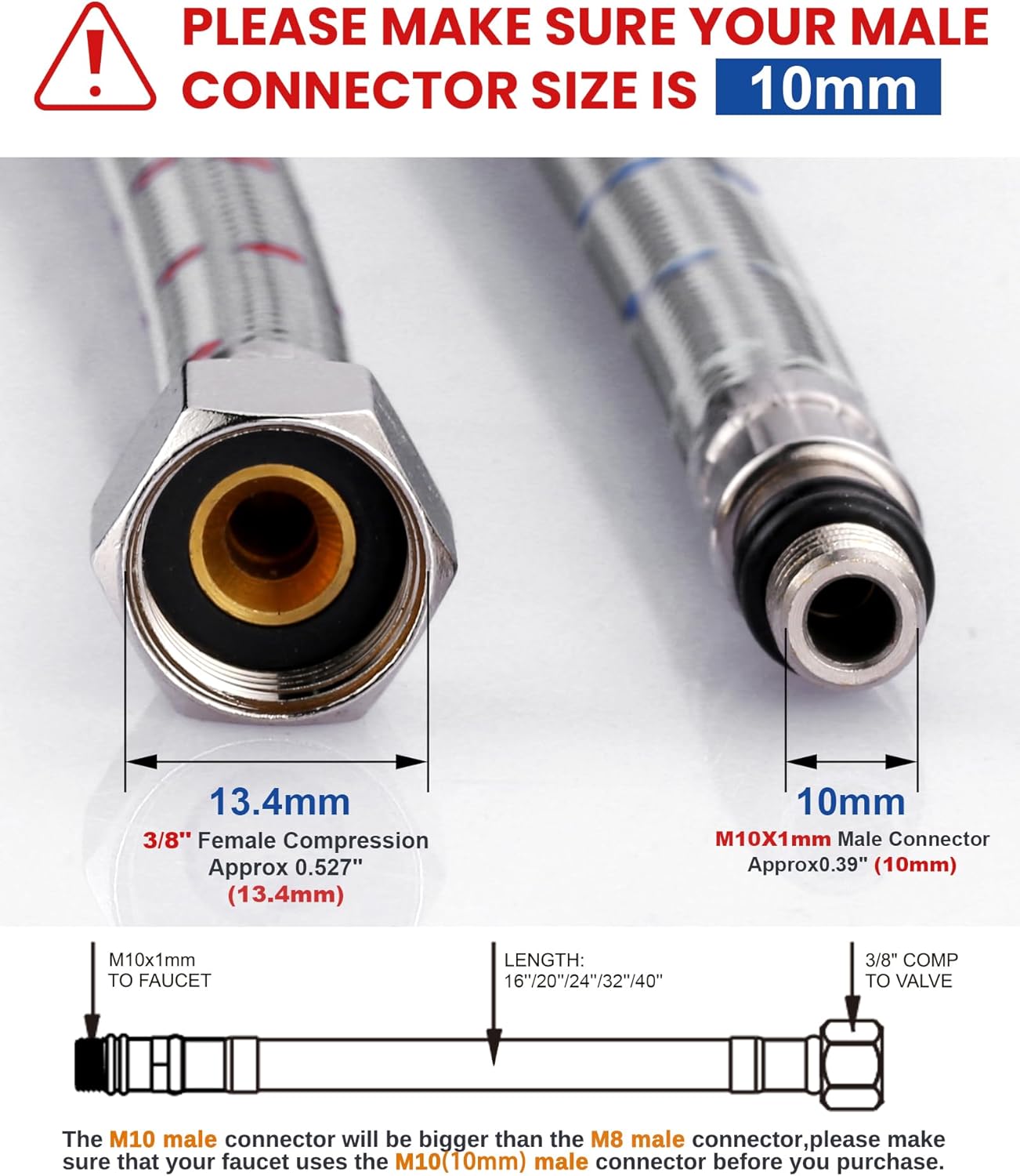 WOWOW 24" Length Faucet Supply Line, Bathroom Kitchen Faucet Lines Braided Nylon Sink Hose,cUPC Faucet Supply Lines 3/8" Female Compression Thread × M10 Male Connector 2Pcs (1 Pair)