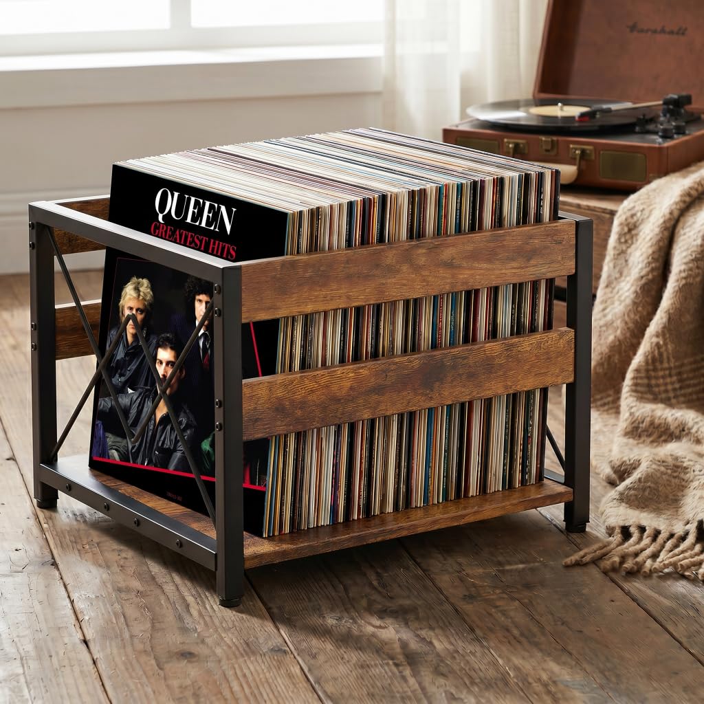HFHOME Cassetta portaoggetti per dischi in vinile, scatola portaoggetti in legno, cubo classico, per CD, album, può contenere fino a 100 dischi e riviste, per scrivania, casa, ufficio