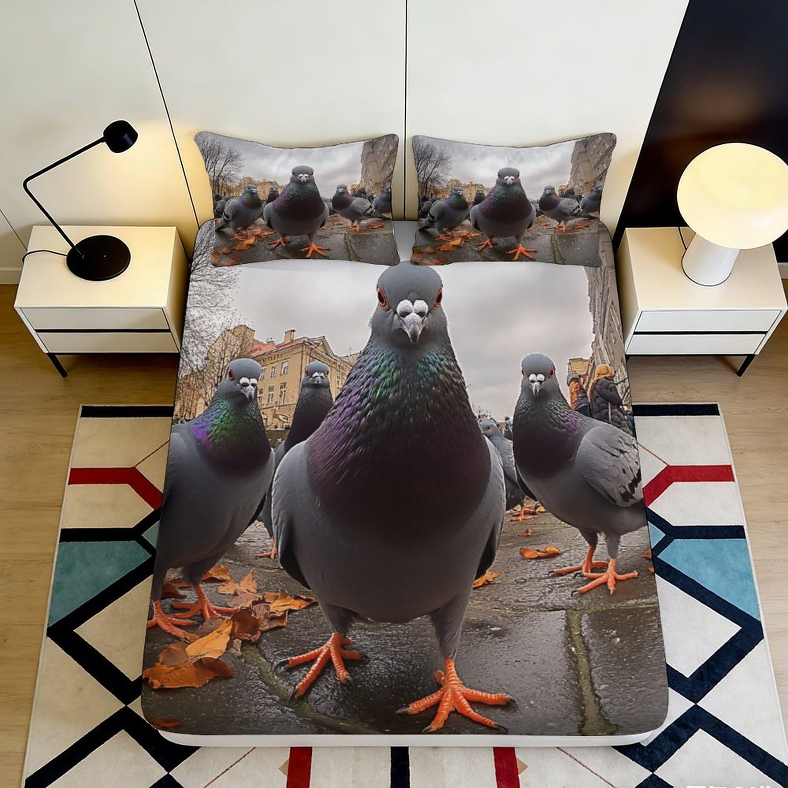 3D Printed Pigeon City Fitted Sheet Microfiber Soft Non-Slip Bed Sheet Urban Birds Decor for Bedroom Guest Room 90x200x25cm