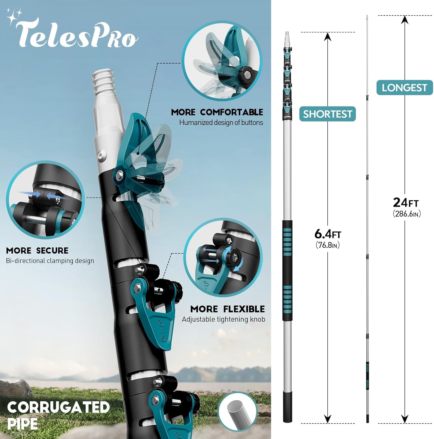 TelesPro Kit de limpieza de 3 piezas de alto alcance con poste de aluminio extensible de 6 a 24 pies, plumero de telaraña, plumero de ventilador de techo de felpilla, plumero de plumas de microfibra.