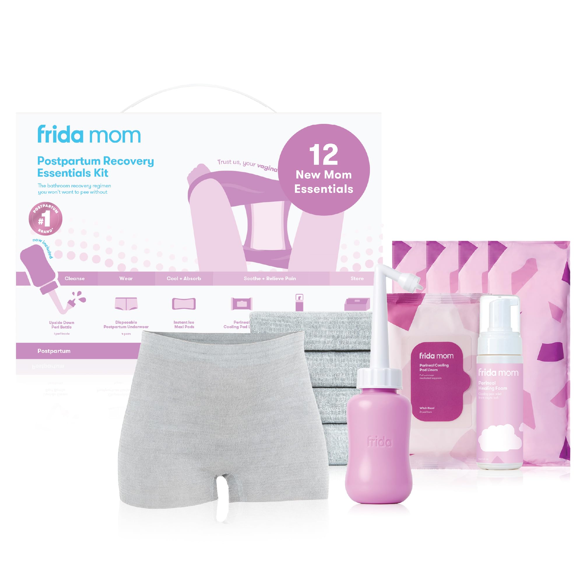 Frida 11pc Postpartum Essentials Kit, Hospital Bag Basics for New Mom | Disposable Underwear, Ice Maxi Pads, Perineal Healing Foam, 24 Pad Liners & Peri Bottle for New Moms