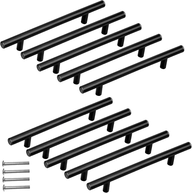 Aprilye 10 Pack T Bar Kitchen Door Handles Black 128mm/ 5 inch, Stainless Steel Cabinet Handle Furniture Drawer Pulls with Screws - Length: 200mm/ 7.87 inch