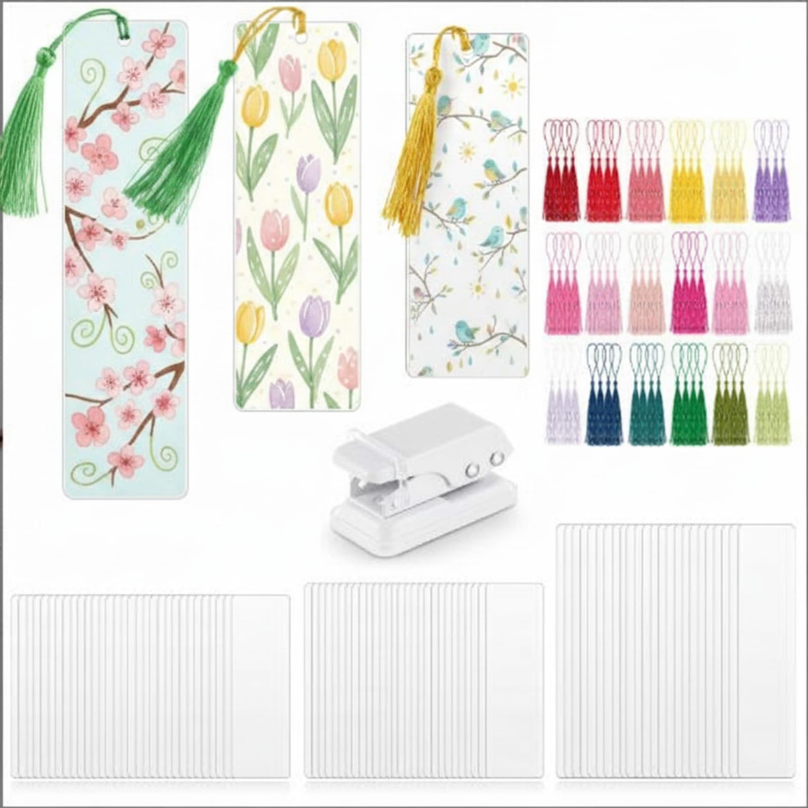 Fuyoooo 101 Pcs DIY Bookmark Making Kit Bookmark Laminating Pouches 5 Mil Hot Laminator Sleeves with Rainbow Tassels and Puncher Fit Most Pouch Laminating Machines Easter Gift(Mixed Sizes)