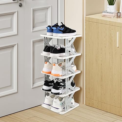 Miniatura 2 de Organizador de almacenamiento de zapatos estrecho vertical de 5 niveles para ahorrar espacio, zapatero plegable pequeño de plástico gris para